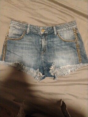 Guess Light Blue Frayed Denim Shorts with Gold Stud Detailing